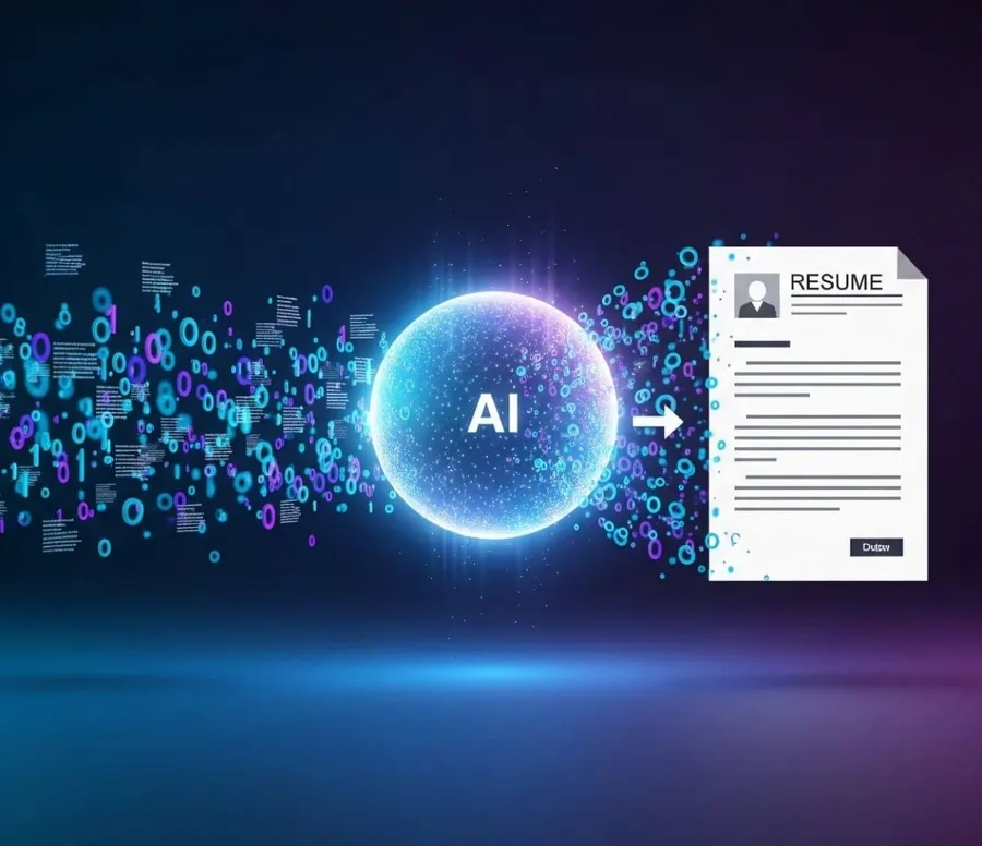 Visual representation of the AI resume generator transforming raw data into a professional resume